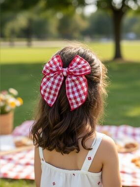 Girls Large Red Gingham Hair Bow - Kids Hair Accessory